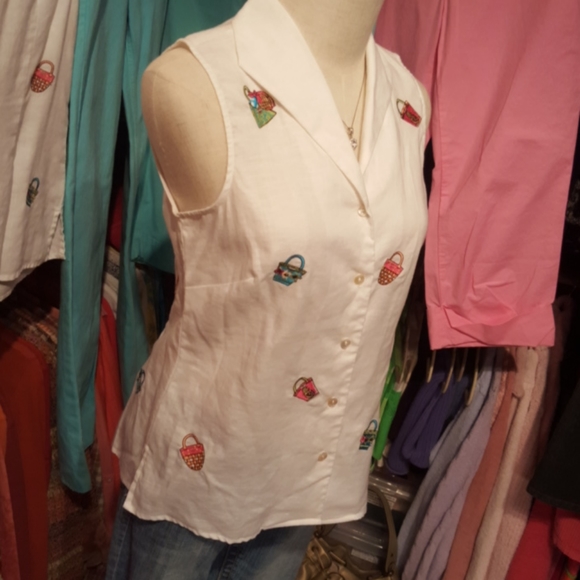 RICHARD MALCOLM ♡ Embroidered|Embellished Sequins Irish Linen Sleeveless Top S - Picture 5 of 12